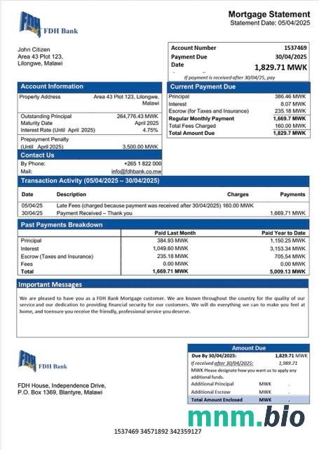 Malawi Bank FDH wyciąg z kredytu hipotecznego szablon Word i PDF